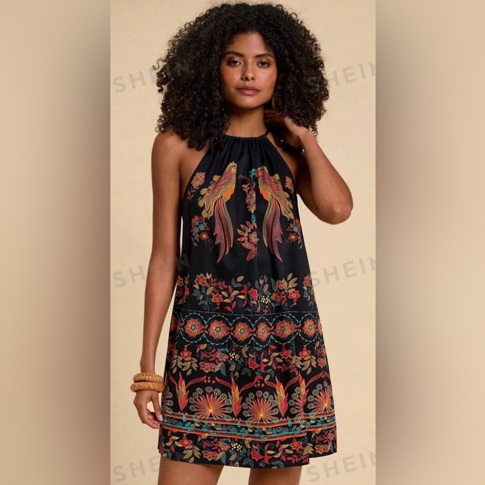 🌺 NWOT SHEIN Halter Neck Bohemian Floral dress Sz XL - Picture 1 of 12